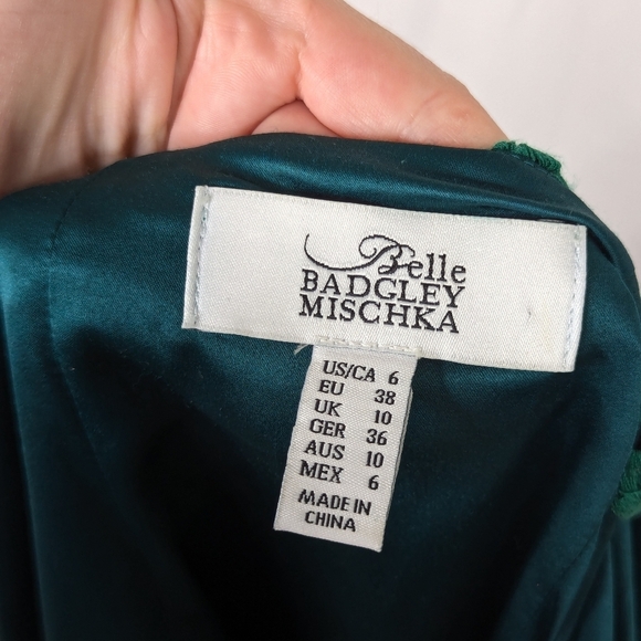 Badgley Mischka Belle Denya Emerald Rose Sequin Floral Ruffled Dress - Picture 5 of 8